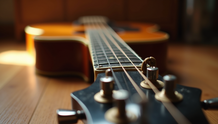 Eye-level view of a vintage guitar resting on a wooden floor