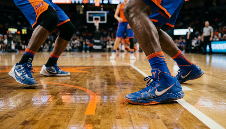Close-up view of college basketball shoes on a hardwood court near the three-point line.