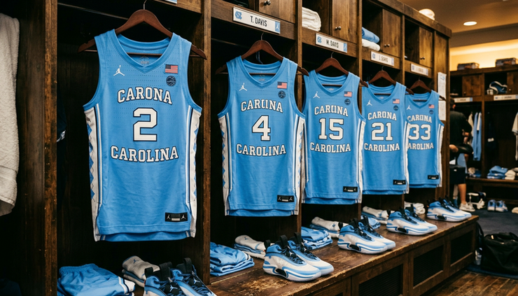 Eye-level view of Carolina blue jerseys hanging in a locker room before a college basketball game