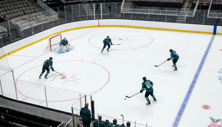 Overhead view of a hockey power play setup during practice