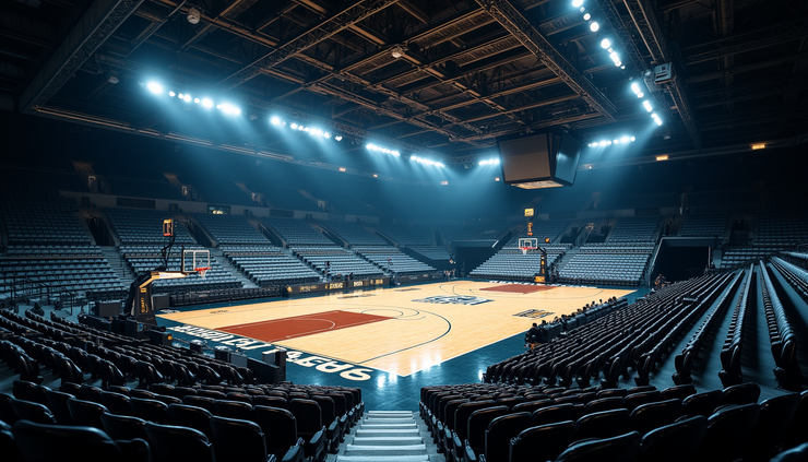 Eye-level view of Rocket Mortgage FieldHouse basketball court with empty seats