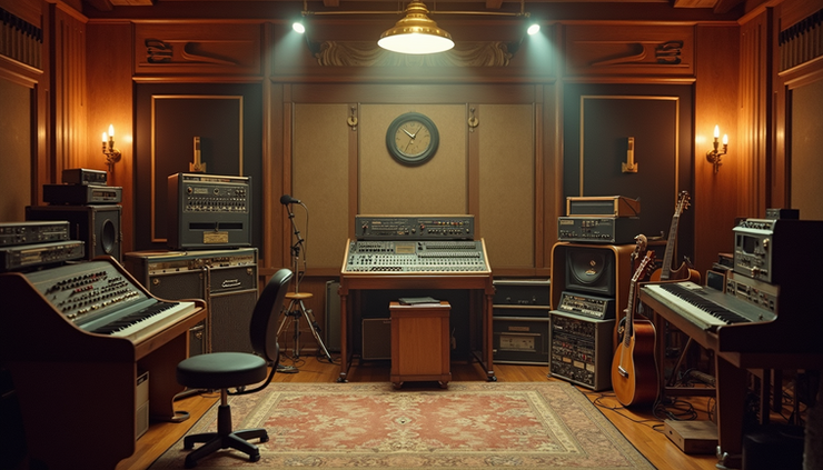 Eye-level view of a vintage recording studio with analog equipment