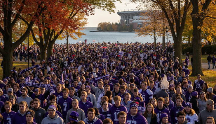Wide-angle view of a purple-clad college football crowd near a lakefront stadium.