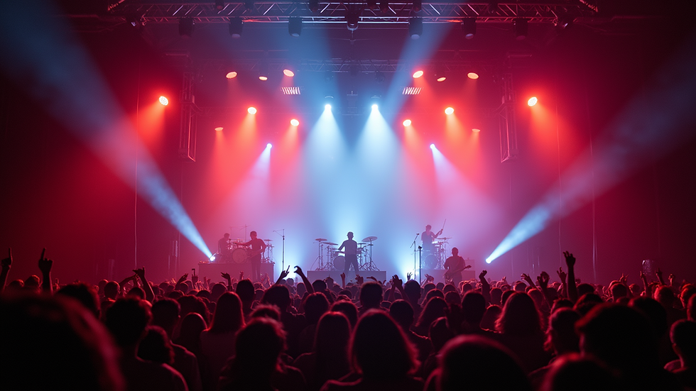 A high angle view of a concert stage under colorful lights