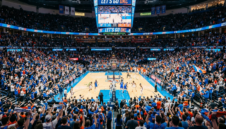 Wide-angle view of a packed Oklahoma City basketball arena before tipoff.