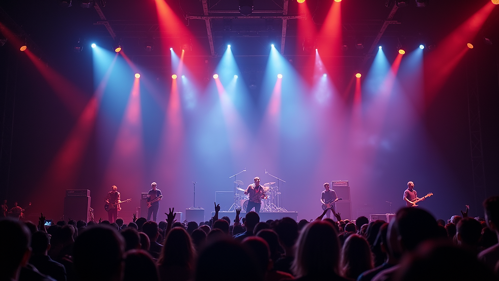 Wide angle view of concert stage with vibrant lighting