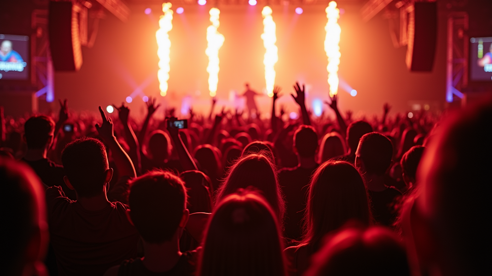Wide angle view of a cheering crowd at a rock concert