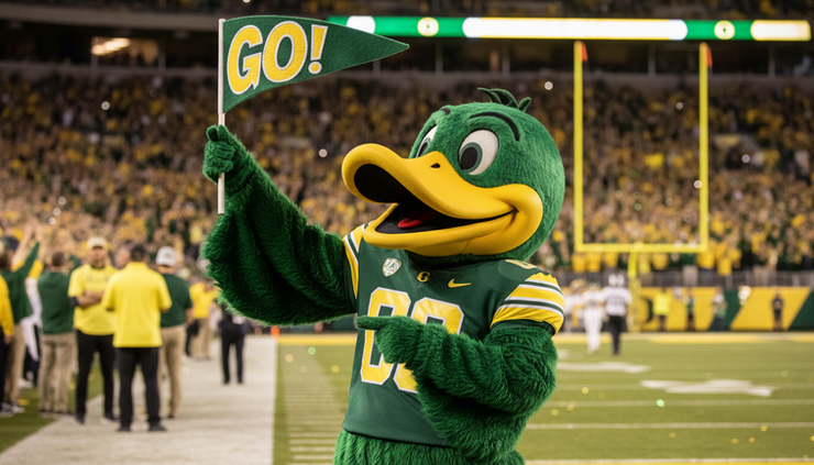 Close-up view of a Duck-inspired mascot character leading cheers at a football game