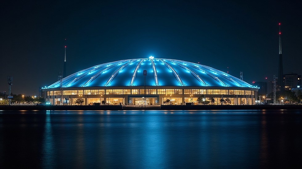 Eye-level view of Cajundome exterior at night