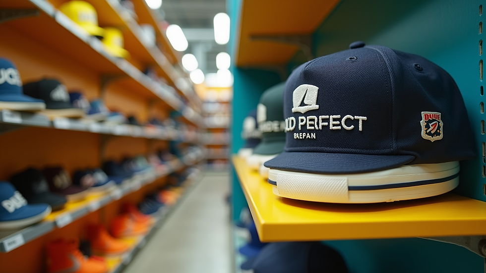 Eye-level view of Dude Perfect merchandise displayed on vibrant shelves