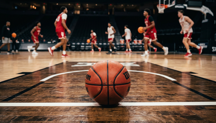 Low-angle view of a basketball resting near the free throw line during a college practice.