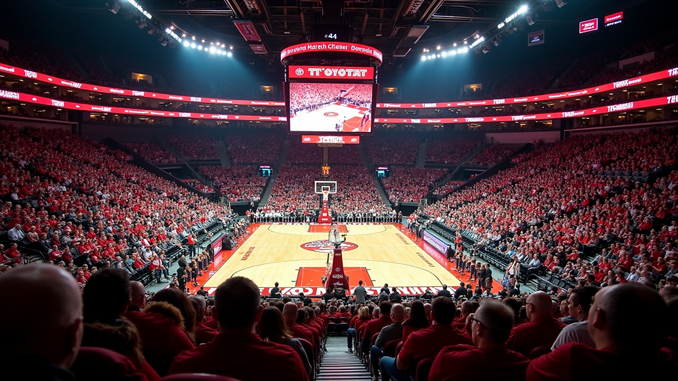 Wide angle view of the Toyota Center filled with fans