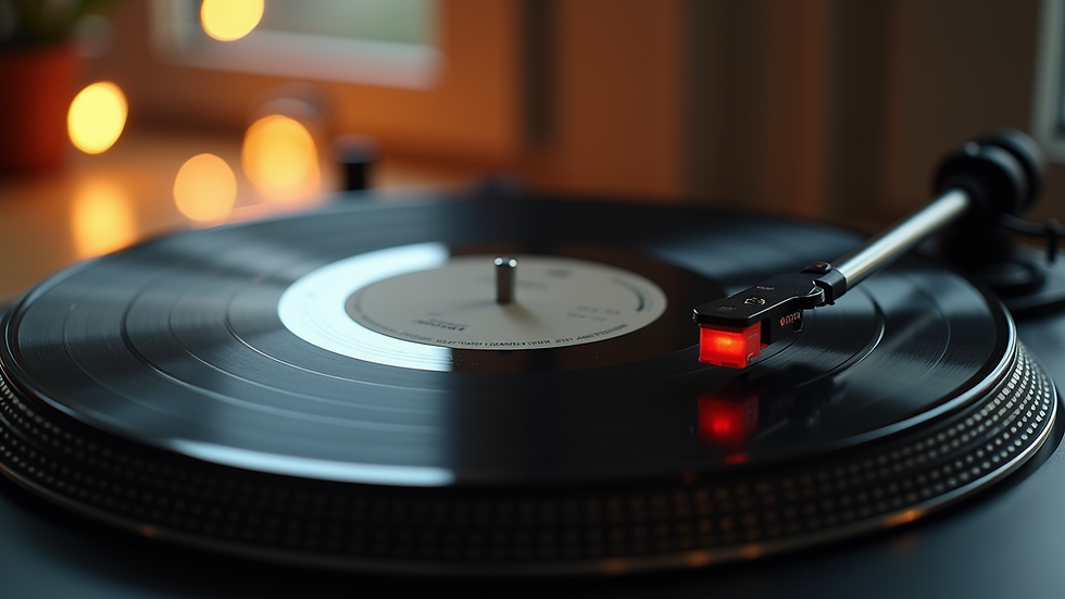 Close-up view of a vinyl record spinning on a turntable