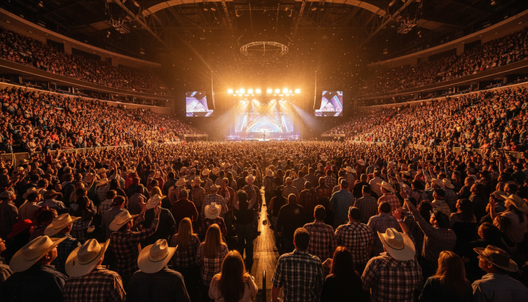 Wide-angle view of country music fans filling an indoor arena before a concert
