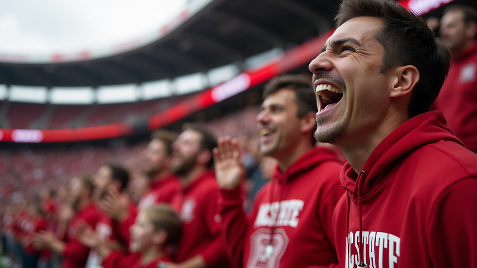Wide angle view of cheering fans with NC State apparel