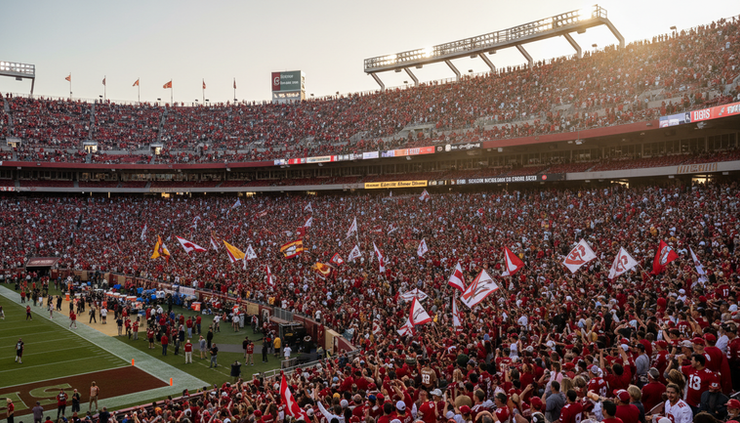 Wide-angle view of 49ers fans filling a football stadium in red and gold.