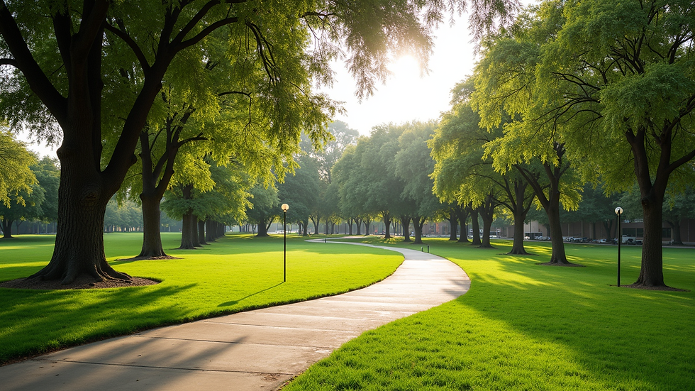 Wide angle view of a peaceful park with walking trails and green trees in Thousand Oaks