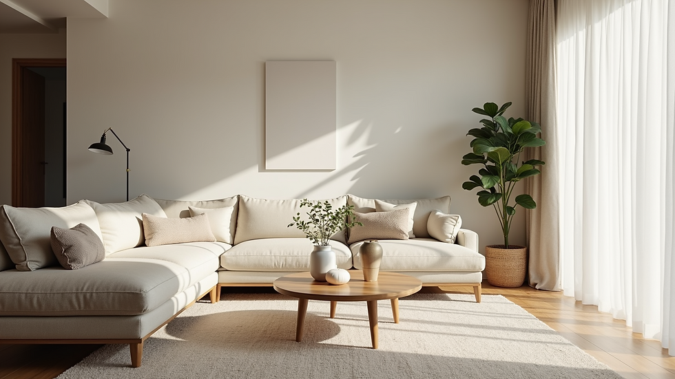 Eye-level view of a beautifully staged living room with neutral colors and inviting decor