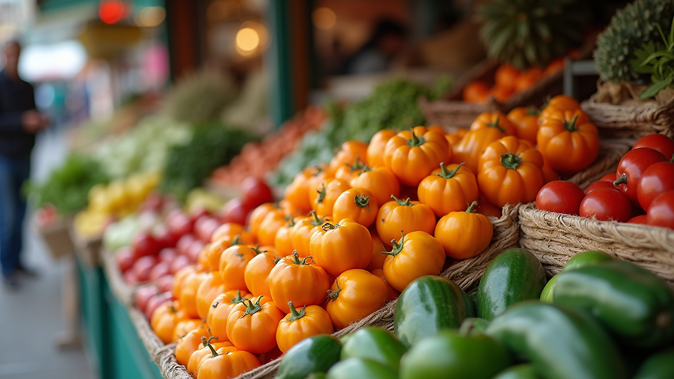 Eye-level view of a colorful outdoor market stall filled with fresh fruits and vegetables