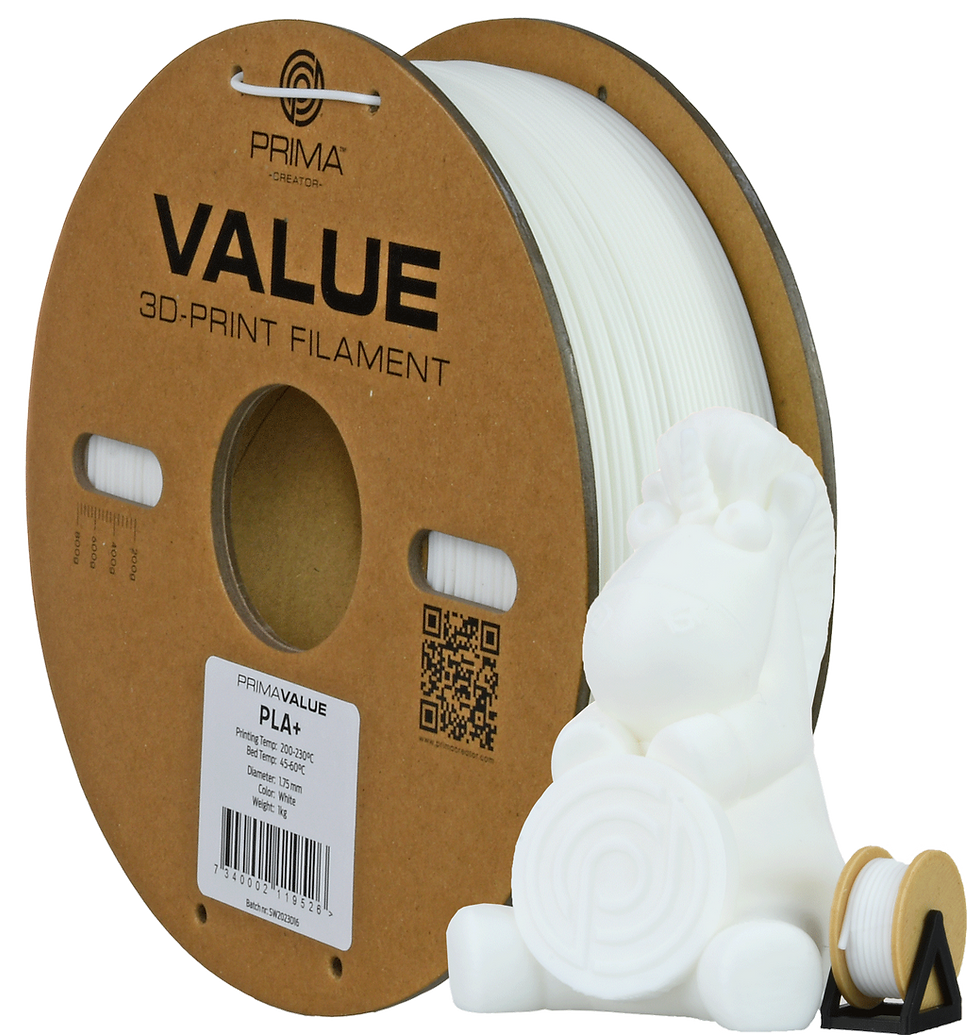 Бял филамент PrimaValue PLA+ 1,75 mm, 1 kg на картонена ролка с отпечатан модел.