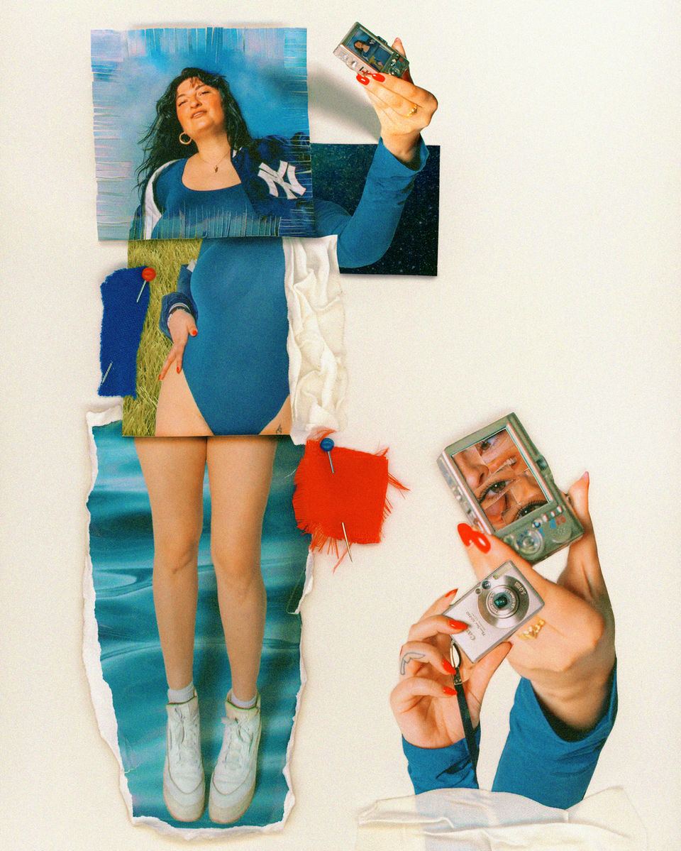 collage of Jess, primary colors are blue and red, cameras pointed at jess, white background