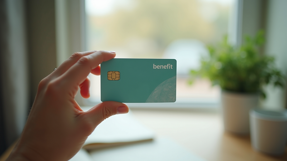 Close-up view of a hand holding a benefit card with a modern design