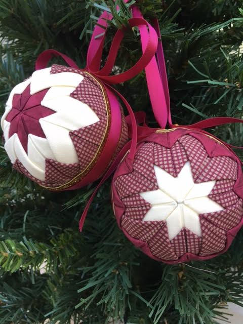 Thumbnail: Folded Fabric No Sew Complete Christmas Ornament Kit.  Burgundy and Cream Ball kit.
