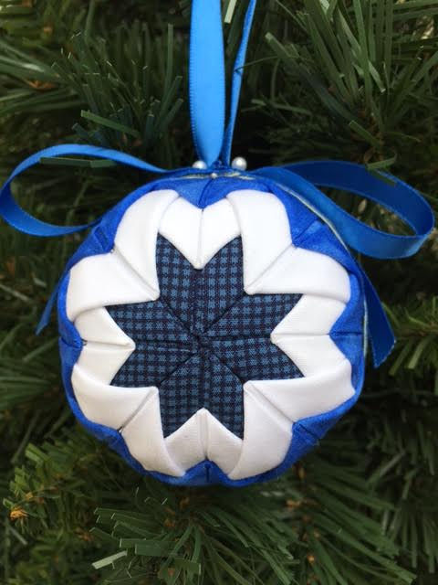 Thumbnail: Folded Fabric No Sew Complete Christmas Ornament Kit.  Blue and White Ball kit.