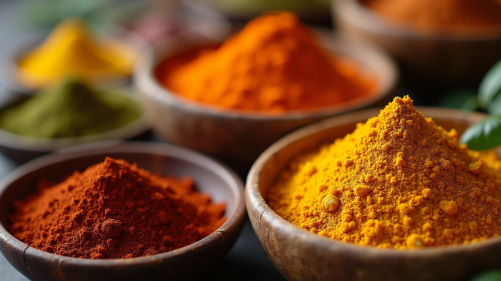 Close-up view of various colorful Indian spices in bowls