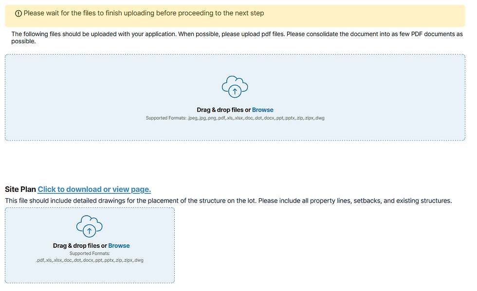 Application file upload form with site plan section