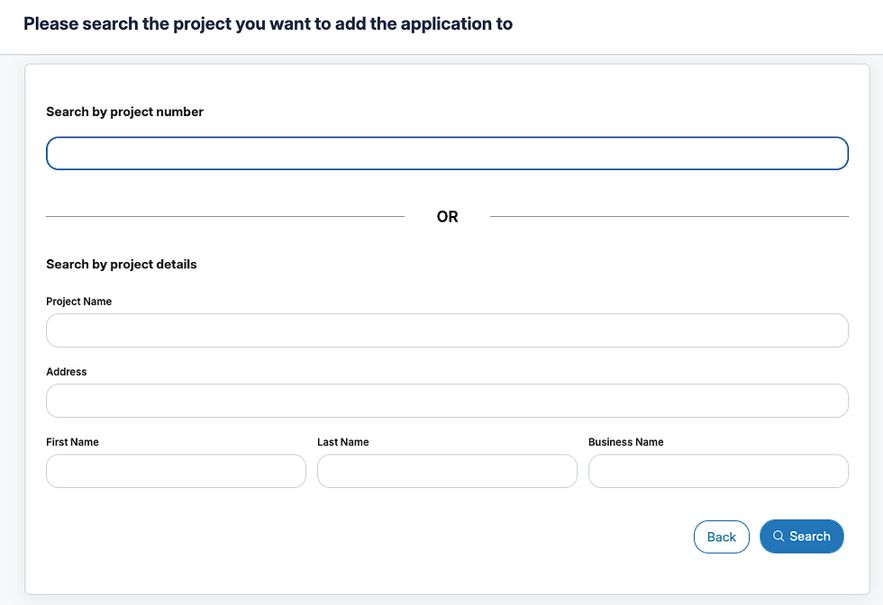 Customer Portal screenshot showing the form to search for an existing Project 