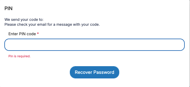 Customer Portal screenshot showing where to enter the password recovery PIN number