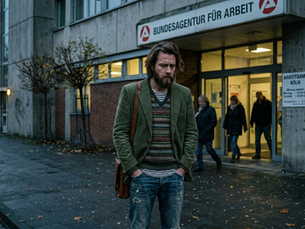 Ein Mann mit Bart und etwas längeren Haaren steht mit besorgtem, verlorenem Gesichtsausdruck auf einem herbstlichen Gehweg. Er trägt ein kreatives, leicht alternatives Outfit: ein grünes Sakko über einem gemusterten Pullunder und eine Jeans. Über seiner Schulter hängt eine lederne Umhängetasche. Direkt hinter ihm befindet sich der Eingang eines Gebäudes mit der deutlichen Aufschrift „BUNDESAGENTUR FÜR ARBEIT“ und einem Schild, das auf das „Arbeitsamt Köln“ hinweist. Im Hintergrund sind andere Menschen zu sehen, die das Gebäude betreten oder verlassen. Die trübe, kühle Lichtstimmung unterstreicht die bedrückte Situation der Arbeitslosigkeit für die gezeigte Person.