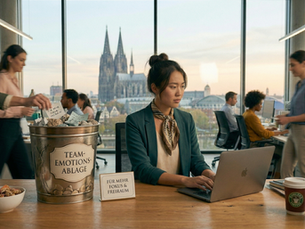 In einem modernen Großraumbüro mit Blick auf den Kölner Dom sitzt eine junge asiatische Führungskraft konzentriert an ihrem Laptop. Auf ihrem Schreibtisch steht ein großer, metallischer Eimer mit der Aufschrift „TEAM-EMOTIONS-ABLAGE“, der bereits mit zerknüllten Zetteln und Steinen gefüllt ist. Eine Kollegin legt gerade einen weiteren Zettel hinein. Ein kleines Schild daneben trägt die Aufschrift „FÜR MEHR FOKUS & FREIRAUM“. Die Szene illustriert symbolisch die Rolle einer Führungsperson als Auffangbecken für die Sorgen und den emotionalen Ballast des Teams, während der Rest des Büros im Hintergrund geschäftig weiterarbeitet.