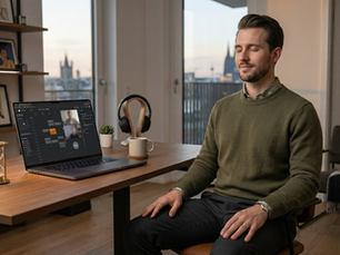 Ein moderner, stilvoll gekleideter Mann in einem olivgrünen Strickpullover sitzt aufrecht an seinem Schreibtisch im Homeoffice. Während auf seinem Laptop-Bildschirm ein Online-Meeting mit anderen Teilnehmern zu sehen ist, hat er die Augen geschlossen und macht eine bewusste Atemübung zur Entspannung. Seine Hände ruhen flach auf seinen Oberschenkeln, und sein Gesichtsausdruck ist ruhig und konzentriert. Auf dem aufgeräumten Holzschreibtisch stehen eine Sanduhr, eine Tasse Kaffee und Kopfhörer; im Hintergrund ist durch ein großes Fenster eine Stadtlandschaft bei Dämmerung zu erkennen. Die Szene vermittelt Achtsamkeit und Stressmanagement im Arbeitsalltag.