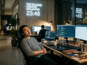 Ein asiatischer Startup-Gründer ist nachts tief in seinem ergonomischen Bürostuhl an seinem Schreibtisch eingeschlafen. Er trägt einen grauen Pullover und eine Brille auf dem Kopf. Auf seinem Schreibtisch stehen mehrere Monitore mit Programmiercode, Stapel von Fachbüchern (unter anderem über „AI Ventures“), leere Energy-Drink-Dosen und eine Kaffeetasse. Ein kleines Namensschild auf dem Tisch weist ihn als „Li Wei – Co-Founder & CEO“ aus. Im Hintergrund leuchtet an einer Betonwand ein Neonschild mit der Aufschrift „The Cologne Creative Collective“ und der Uhrzeit „23:48“. Durch das Fenster ist die beleuchtete Silhouette des Kölner Doms bei Nacht zu sehen, während im restlichen Büro nur noch vereinzelt Kollegen arbeiten.