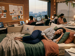 Eine surreale Szene in einem modernen Loft-Büro einer Kreativagentur während der Abendstunden. Im Vordergrund schläft eine stilvoll gekleidete Frau friedlich in einem gemütlich ausgestatteten Bett mit grüner Decke und Terrakotta-Kissen, das mitten im Raum steht. Auf einem der Kissen ist das Logo „Bold Minds“ zu sehen. Auf dem Nachttisch neben ihr liegt ein Notizblock mit der Aufschrift „LEAVE ME BE“. Im Hintergrund arbeiten ihre Kollegen konzentriert an Schreibtischen vor einer unverputzten Backsteinwand mit Moodboards, während durch die großen Fenster die Lichter der Stadt bei Dämmerung zu sehen sind. Die warme Beleuchtung und die Lichterketten verleihen der Szene eine ruhige, fast traumartige Atmosphäre.
