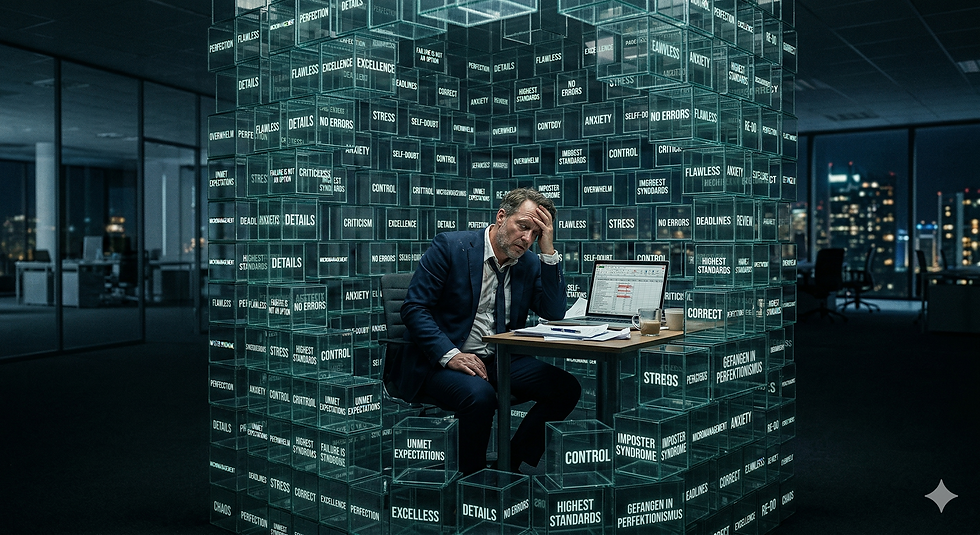 Eine männliche Führungskraft sitzt erschöpft und verzweifelt an einem Schreibtisch in einem dunklen, modernen Büro bei Nacht. Er hält sich mit einer Hand den Kopf, während er auf einen Laptop starrt. Die Person ist physisch umschlossen von einer massiven, käfigartigen Struktur aus hunderten leuchtenden Glaskuben. In diesen Kuben sind Schlagworte wie „STRESS“, „CONTROL“, „DETAILS“, „NO ERRORS“ und „GEFANGEN IM PERFEKTIONISMUS“ zu lesen. Die Szene verdeutlicht die isolierende und erdrückende Wirkung von überhöhten Erwartungen und Detailbesessenheit im Arbeitsalltag.