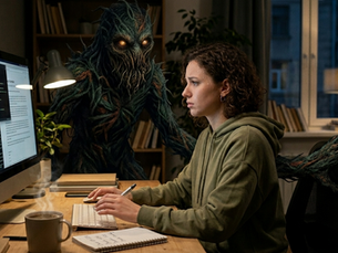 Eine junge Frau sitzt abends konzentriert an ihrem Schreibtisch und arbeitet am Computer. Sie wirkt leicht angespannt und besorgt, während sie auf den Bildschirm blickt. Unmittelbar hinter ihr taucht aus dem Schatten ein unheimliches, pflanzenartiges Monster auf. Es hat eine dunkle, struppige Textur, glühend orangefarbene Augen und ein vielzahniges Maul. Das Monster schleicht sich von hinten an und legt eine klauenartige Hand auf ihre Stuhllehne, während die Frau es noch nicht bemerkt hat. Die Szene in dem schwach beleuchteten Zimmer mit Bücherregalen im Hintergrund wirkt atmosphärisch und versinnbildlicht das Gefühl von schleichender Angst oder Panik im Arbeitsalltag.