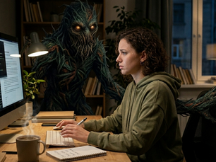 Eine junge Frau sitzt abends konzentriert an ihrem Schreibtisch und arbeitet am Computer. Sie wirkt leicht angespannt und besorgt, während sie auf den Bildschirm blickt. Unmittelbar hinter ihr taucht aus dem Schatten ein unheimliches, pflanzenartiges Monster auf. Es hat eine dunkle, struppige Textur, glühend orangefarbene Augen und ein vielzahniges Maul. Das Monster schleicht sich von hinten an und legt eine klauenartige Hand auf ihre Stuhllehne, während die Frau es noch nicht bemerkt hat. Die Szene in dem schwach beleuchteten Zimmer mit Bücherregalen im Hintergrund wirkt atmosphärisch und versinnbildlicht das Gefühl von schleichender Angst oder Panik im Arbeitsalltag.