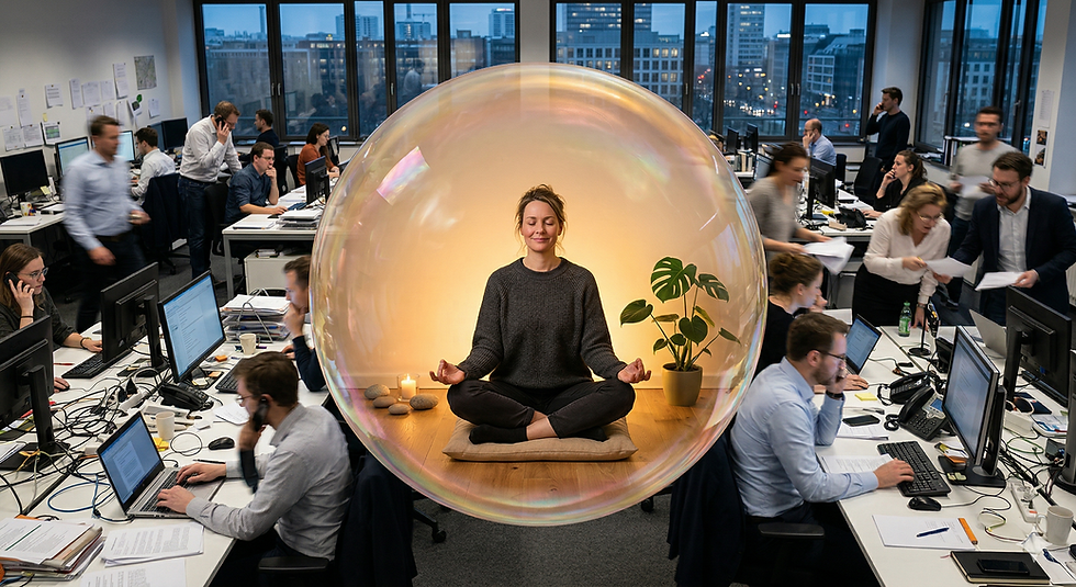 Inmitten eines hektischen Großraumbüros schwebt eine große, schimmernde Seifenblase. Im Inneren der Blase sitzt eine Frau in einer entspannten Meditationshaltung (Lotussitz) auf einem Kissen. Die Atmosphäre in der Blase ist von einem warmen, goldenen Licht erfüllt und enthält beruhigende Elemente wie eine kleine Pflanze, eine Kerze und glatte Steine.
Außerhalb der Blase ist die Umgebung in kühleren Farben gehalten und zeigt den stressigen Büroalltag: Kollegen telefonieren hektisch, eilen mit Dokumenten umher oder arbeiten konzentriert an ihren Laptops. Die Seifenblase wirkt wie ein schützender Kokon, der die innere Ruhe und Gelassenheit der Führungsperson von dem äußeren Chaos isoliert.