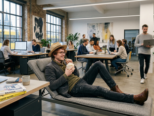 Ein surreal wirkendes Szenario in einem modernen Großraumbüro im Industrie-Stil: Ein junger Mann mit Brille und Strohhut liegt entspannt auf einer grauen Sonnenliege, die mitten im Gang platziert ist. Er trägt ein stylisches Outfit aus Sakko, grünem Strickpullover, dunkler Jeans und braunen Lederboots. Mit einem Lächeln trinkt er durch einen Strohhalm aus einer echten Kokosnuss. Während er die Ruhe genießt, herrscht um ihn herum geschäftiger Büroalltag: Kollegen sitzen an Schreibtischen vor Monitoren oder stehen in Gruppen zusammen. Durch die großen Fenster im Hintergrund ist eine gelbe Straßenbahn und die Silhouette des Kölner Doms zu sehen. Im Vordergrund liegen Design-Bücher mit Titeln wie „BAUHAUS“ und „DEEP WORK“, was den Kontrast zwischen seiner extremen Entspannung und der produktiven Umgebung unterstreicht.