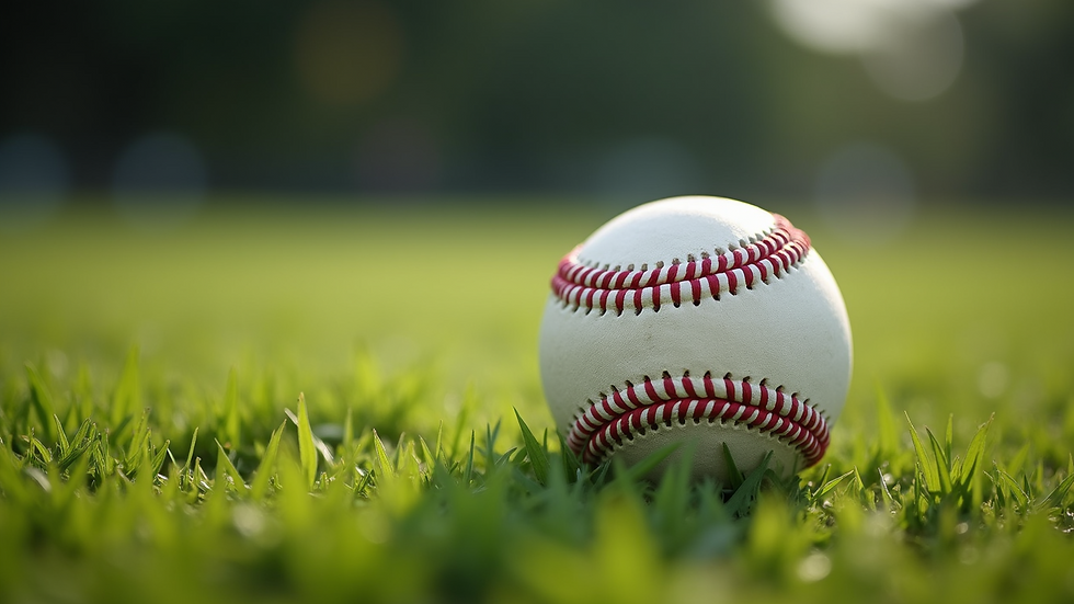 Close-up view of a baseball resting on a grass field