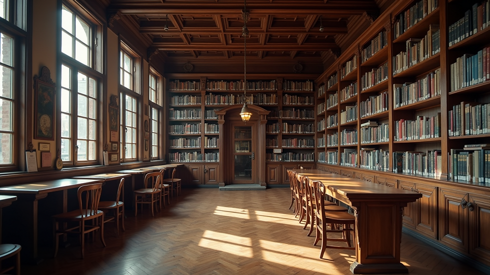 Wide angle view of a quaint library filled with books