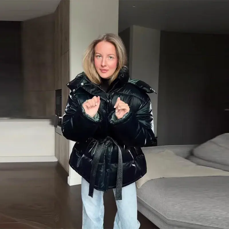 Miniatura: 2026 Winter Shiny Hooded Cotton Jacket With Belt Women Elegant Long Sleeve