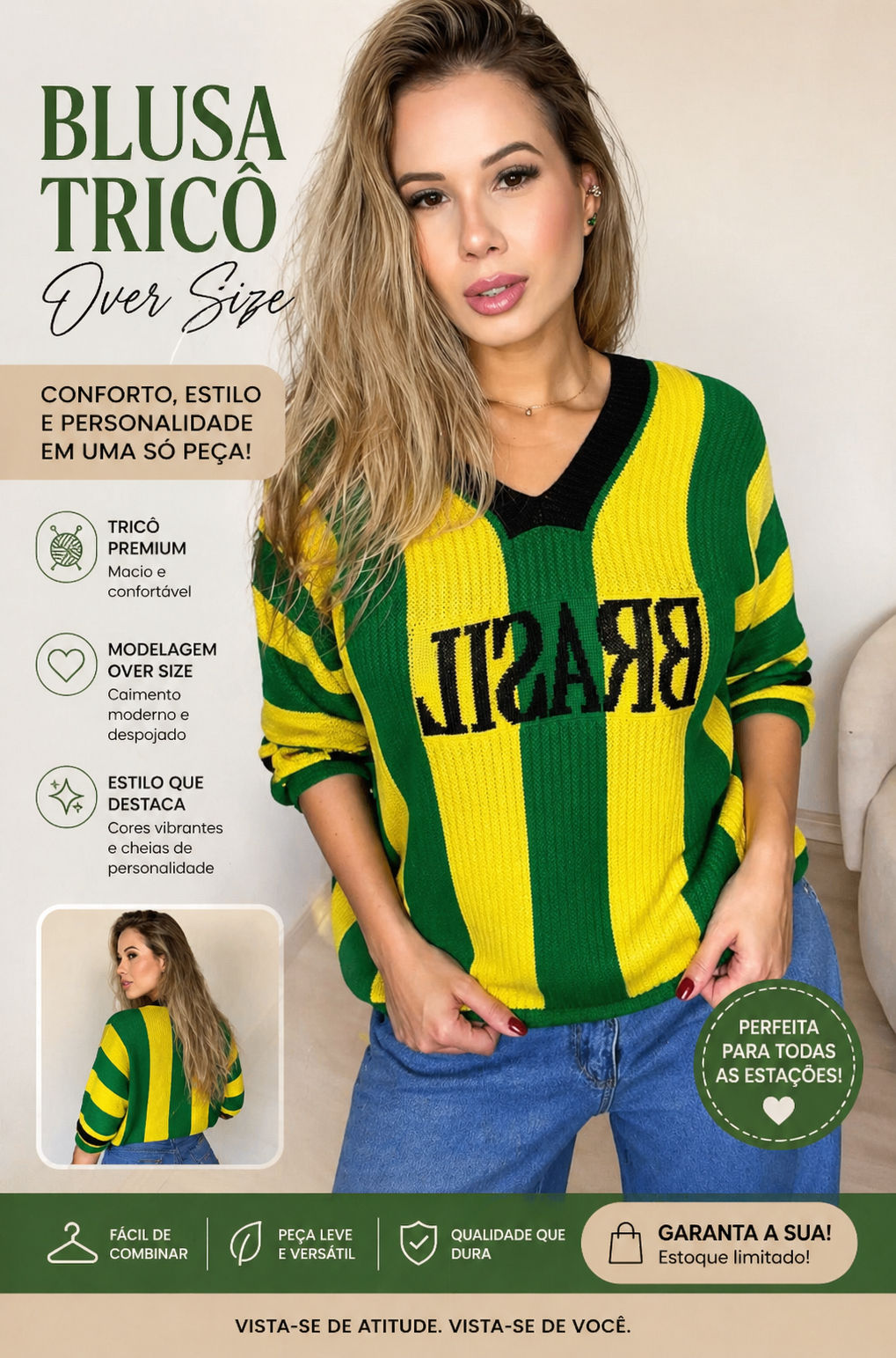 Blusa Tricô Brasil Listrada Over Size Look Moderno e Estiloso