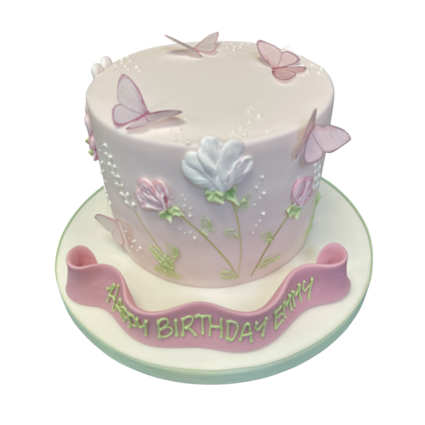 A beautiful celebration cake decorated with vibrant flowers and delicate butterflies, perfect for special occasions like birthdays or weddings.