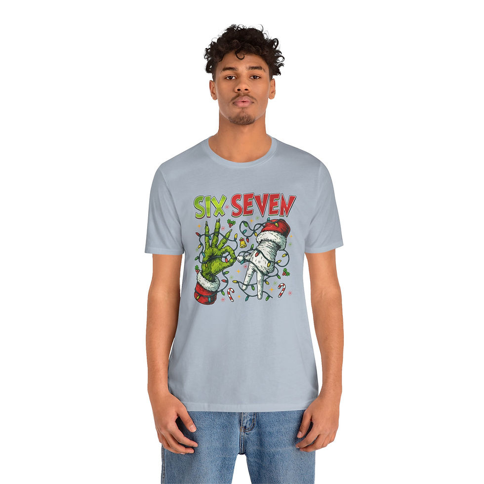 Thumbnail: Man Wearing Grey Six Seven Holiday T-Shirt - Grinch's Hands with lights on them forming a 6 and a 7