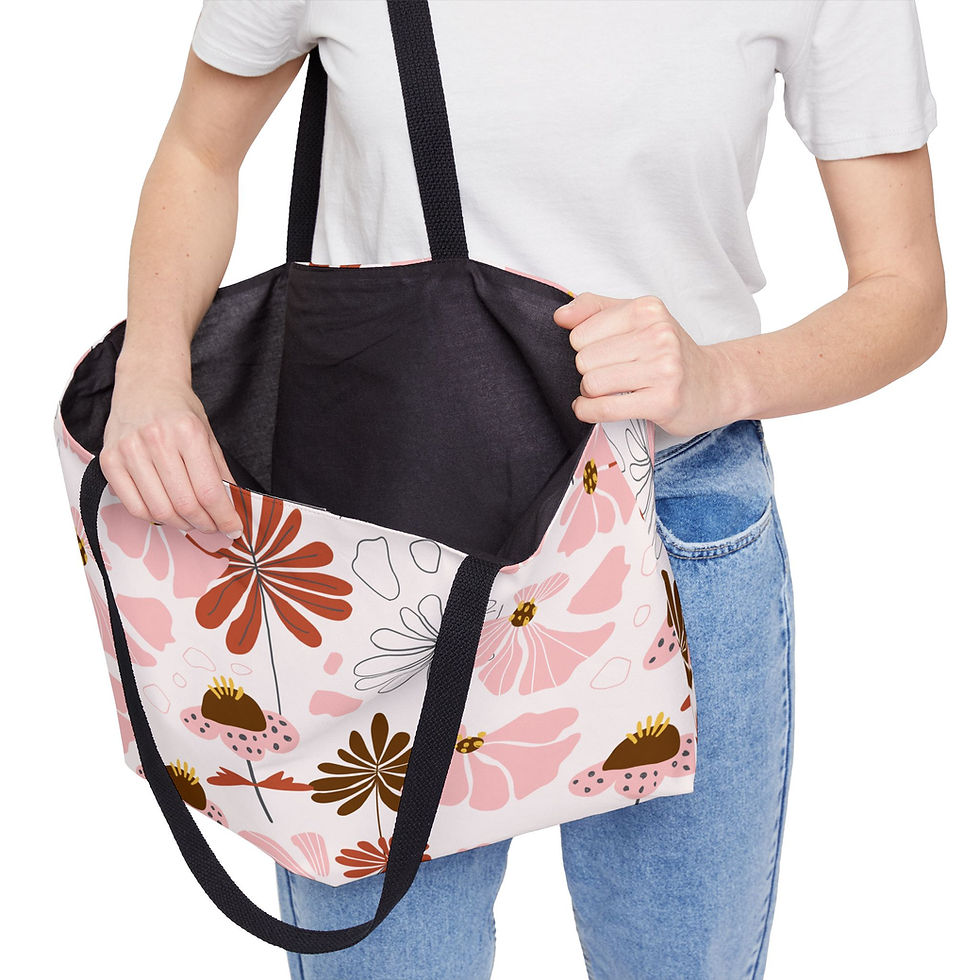 Thumbnail: Mocha Petals Overnight Bag - Person with the straps over shoulders, opening the bag.