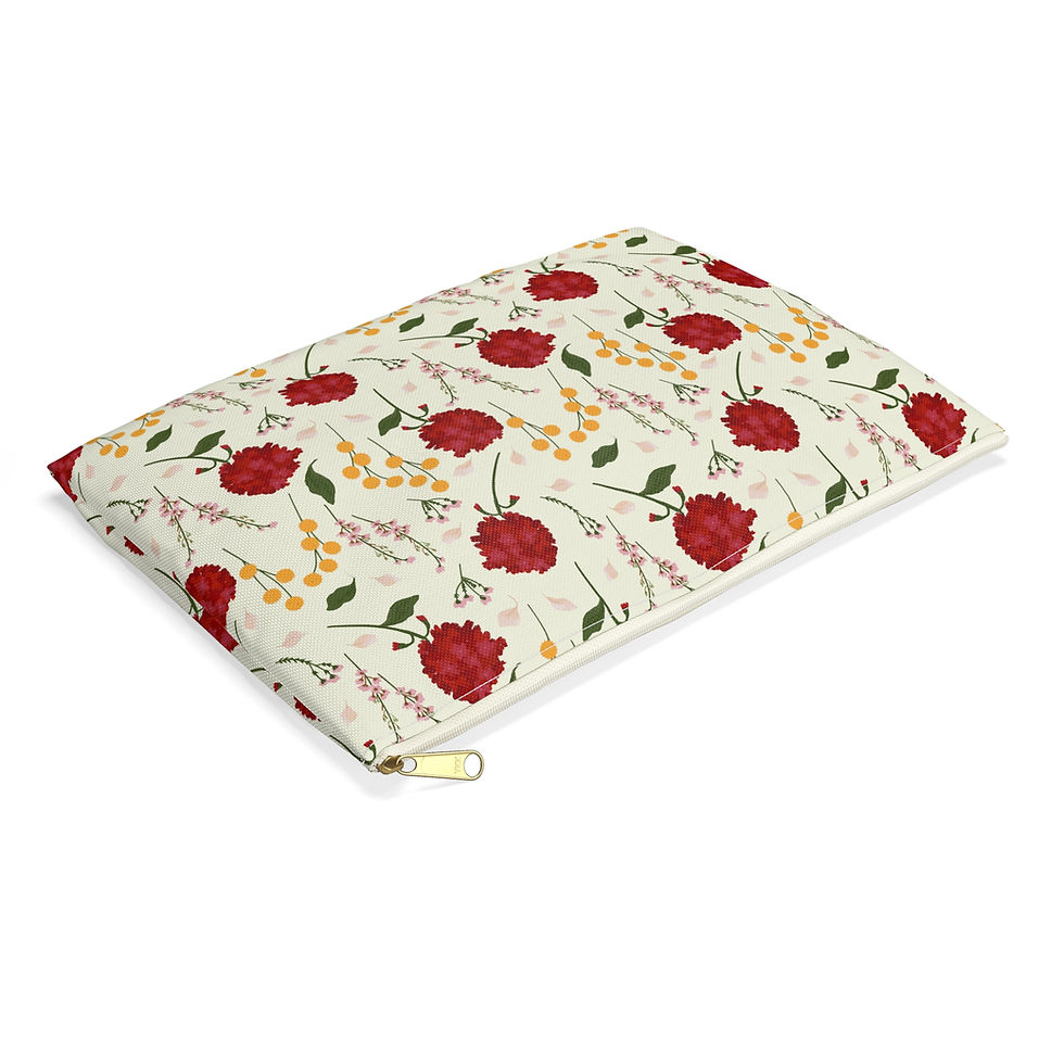 Thumbnail: Crimson Bloom - Large Cosmetic Bag with Red Flowers - Lying Down, White Zipper